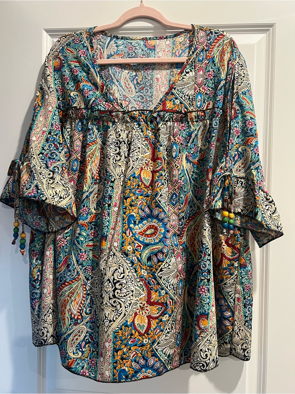 SHEIN Teal Multi Paisley V-Neck Boho Tunic with Bead Tassels on Sleeves